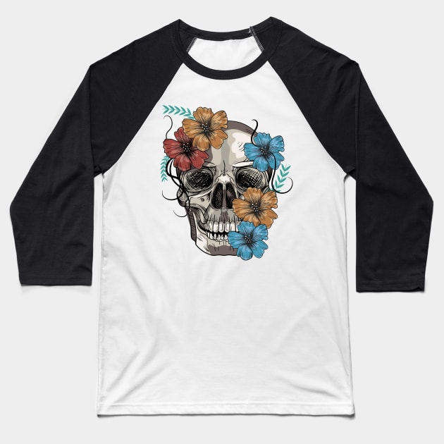 Floral Skull Anatomical - Hand Drawn Baseball T-Shirt by RajaGraphica